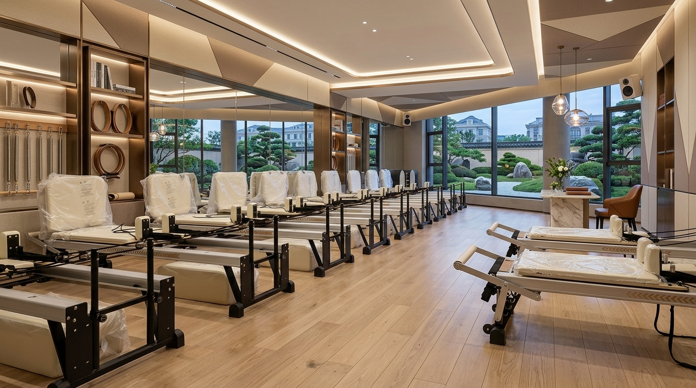 Full Pilates studio equipment mix with Reformers Tower Chair and Barrel
