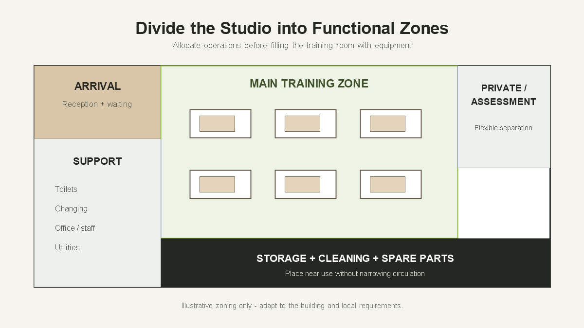 Pilates studio layout divided into reception training storage and support zones