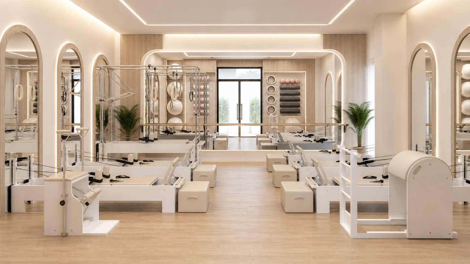 Large rehab and wellness Pilates studio with Reformers and apparatus