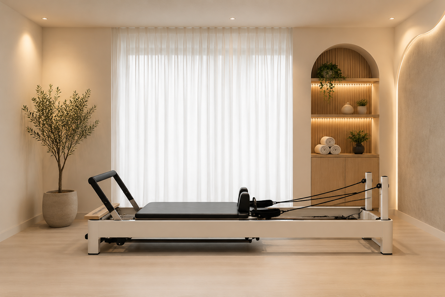 Small rehab focused Pilates room with two Reformers