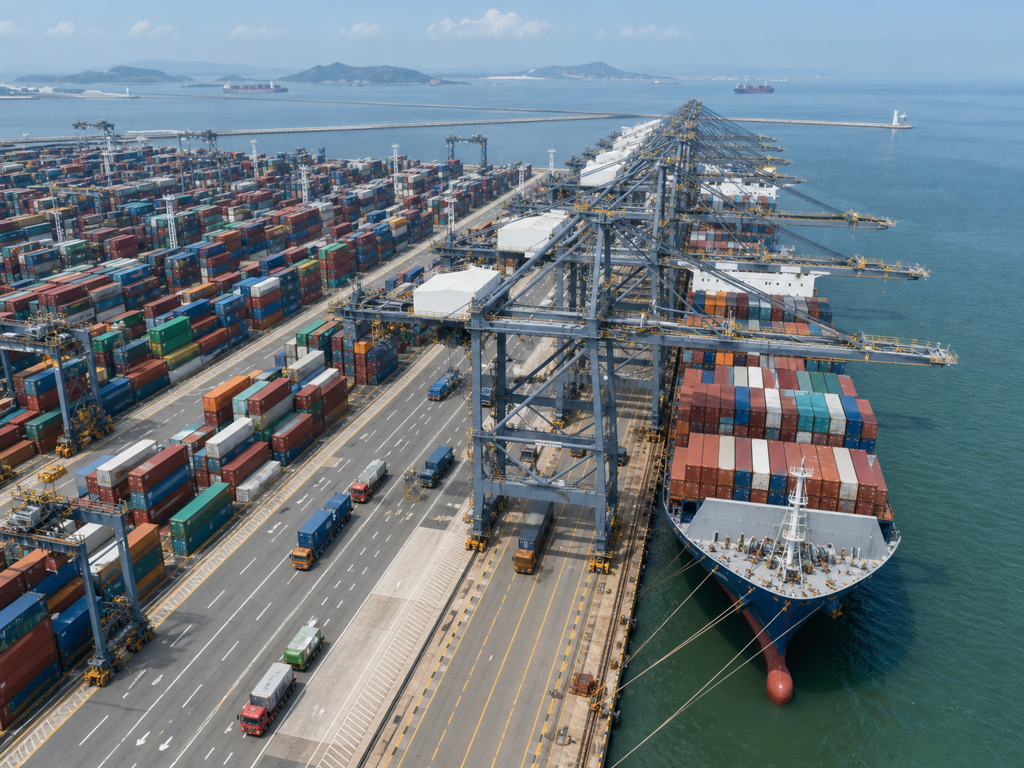 Container shipping port with freight containers being loaded