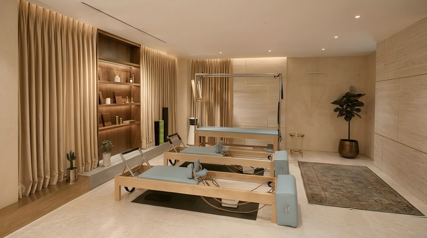 Compact private Pilates room with one commercial Reformer and accessories