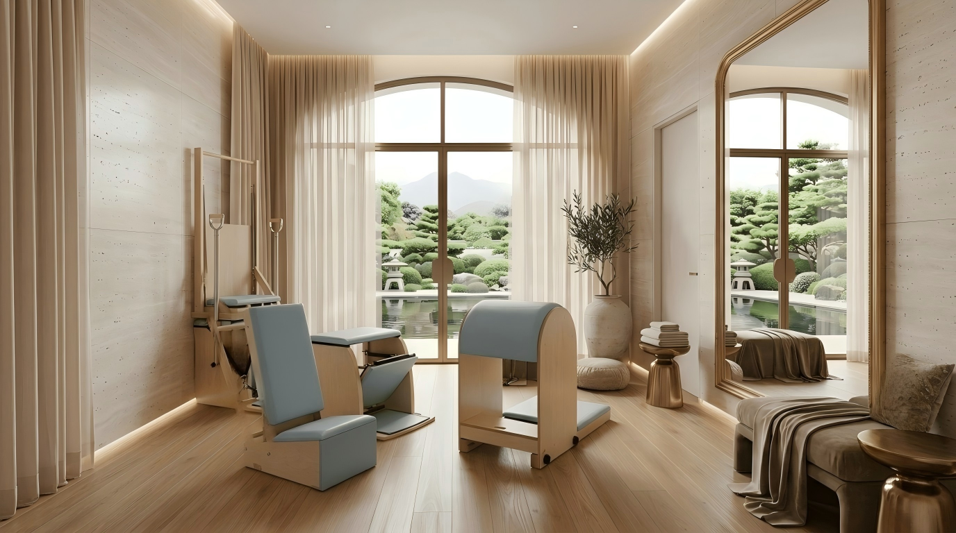 Premium private Pilates studio with Reformers, Chair, and training accessories